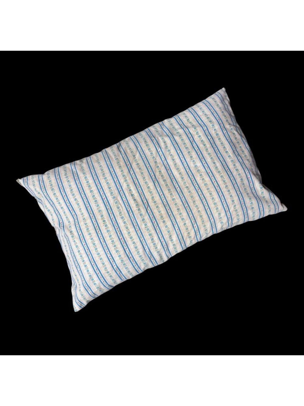 Vintage Mid Century Pillow Blue Floral Ticking Rectangle Striped Flowers Farm